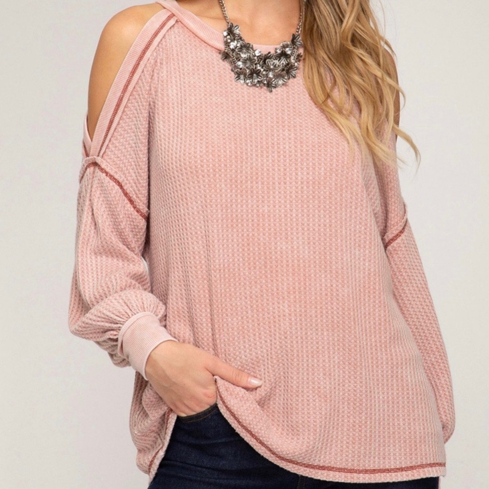 SOLD She + Sky Dusty Coral Cold Shoulder Sweater